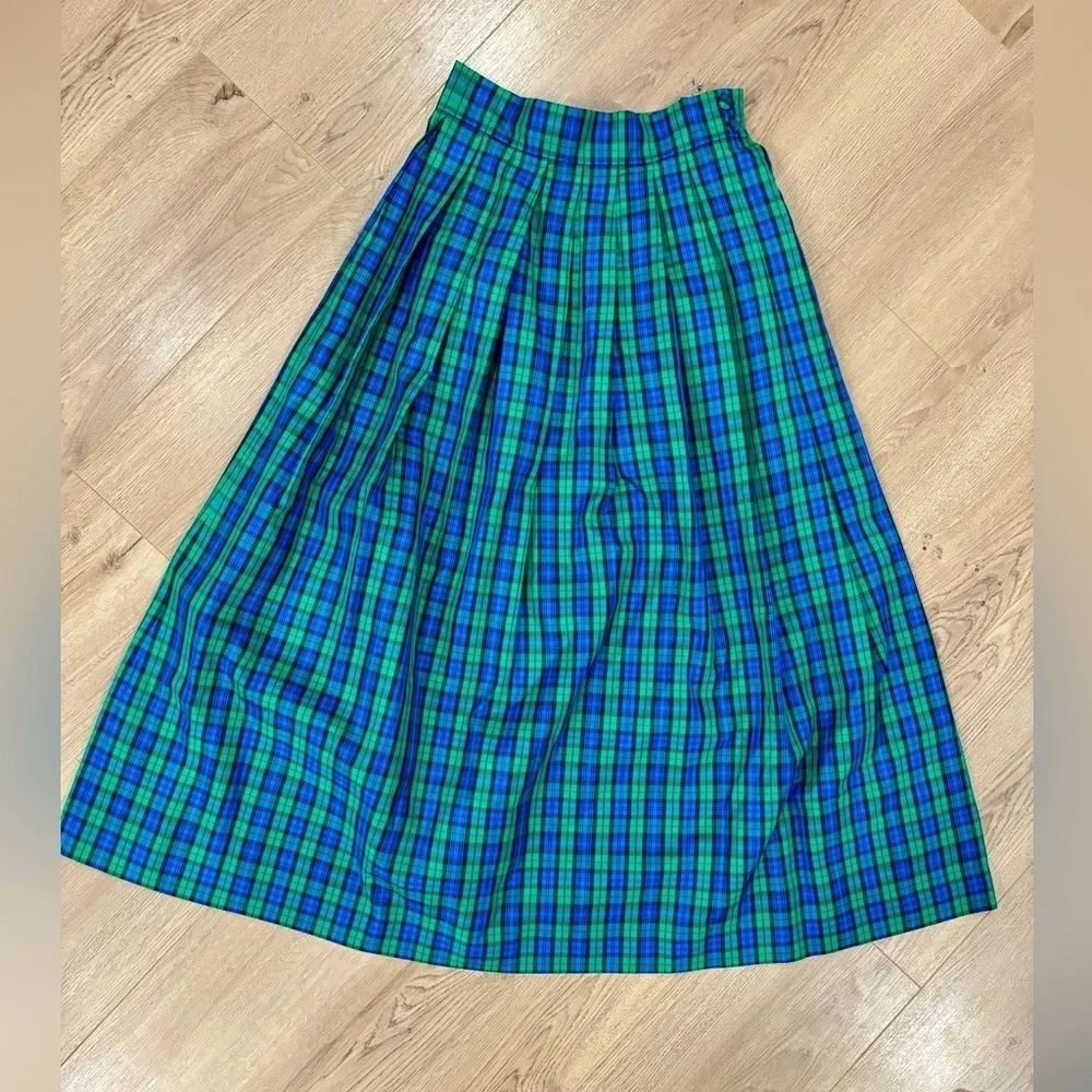 VTG MIDI Skirt Womens Sz 4 Blur Green Plaid Christmas Holiday Party